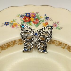 Vintage Silver Tone Butterfly Brooch With Blue Rhinestones